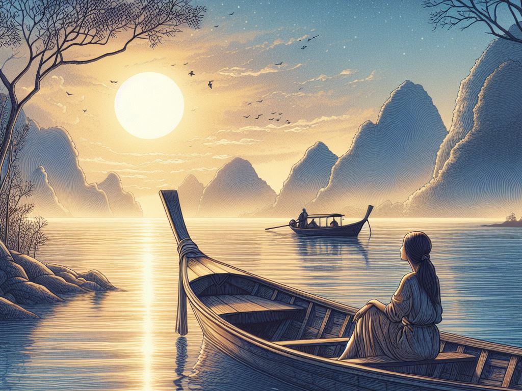 Una noia en una barca està mirant el sol