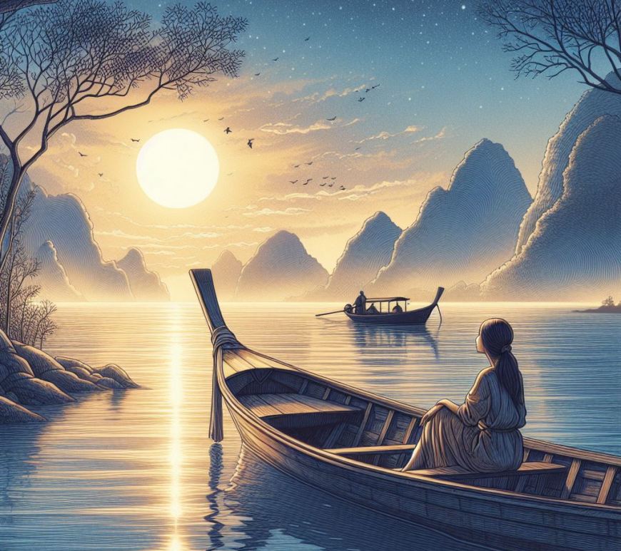 Una noia en una barca està mirant el sol